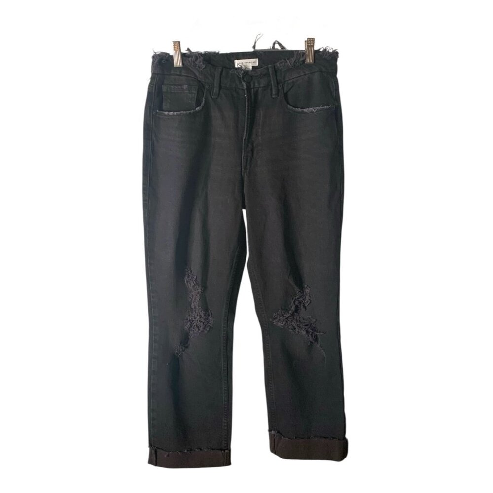 GOOD AMERICAN Washed Black Distressed Hi-Rise Straight Leg Raw Hem Cuff Jean 28